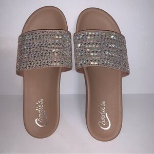 Candie's Tan Slide Sandals Glittering Rhinestone Details on Uppers size 6.5